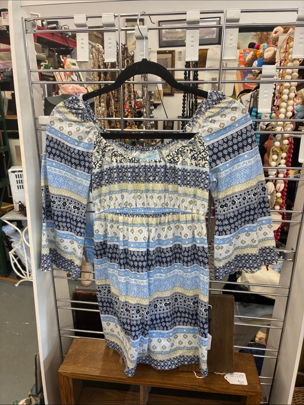 Striped Blue Peasant Tunic Top with Smocked Neckline maternity small 4/6